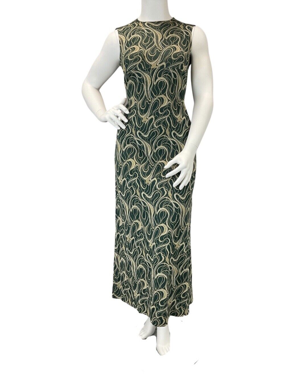 VINTAGE 60s 70s GREEN GOLD WHITE SWIRLING STUDIO 54 SLEEVELESS MAXI DRESS 14 16