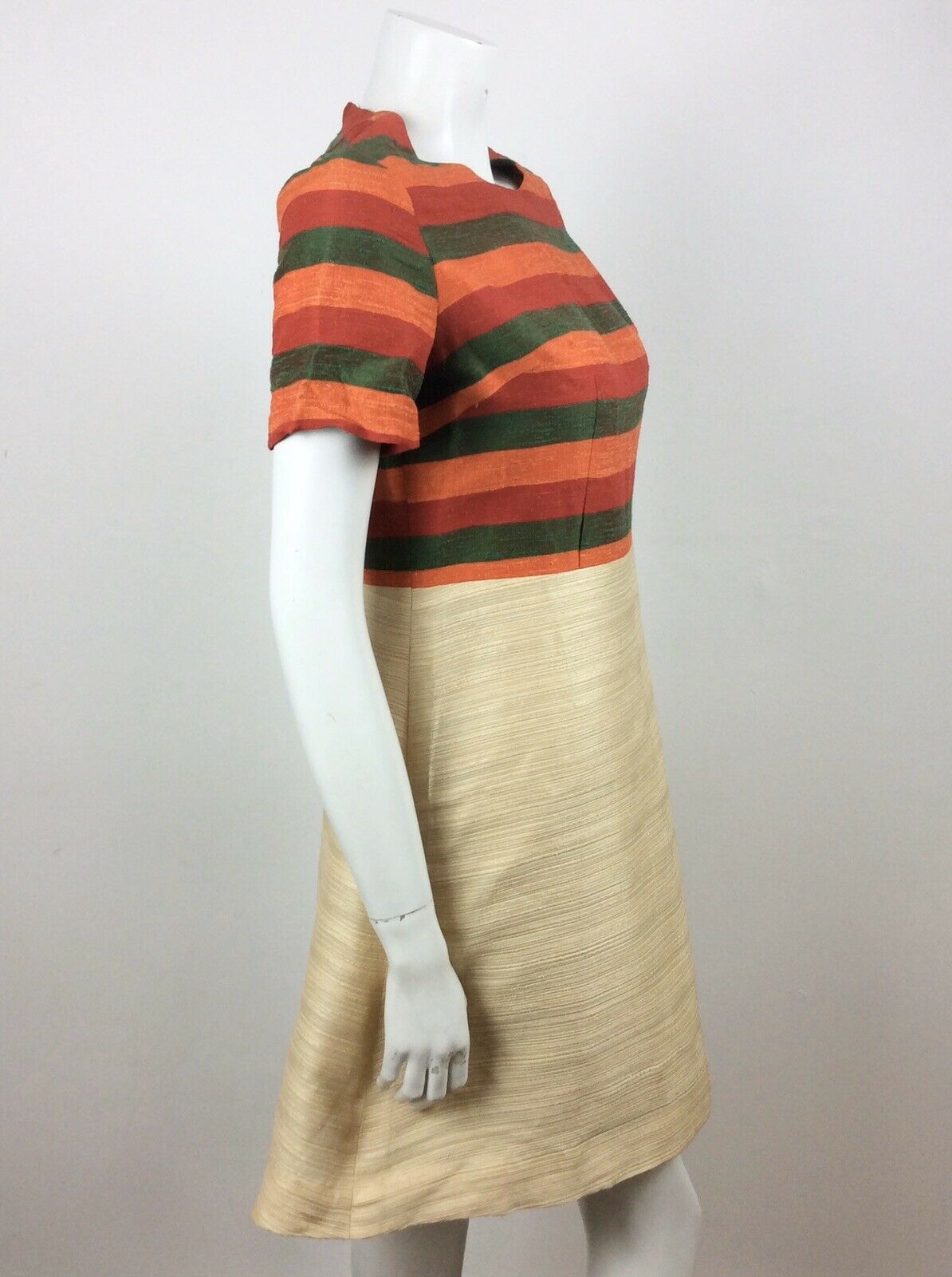 VTG 60S GREEN, RED, ORANGE CREAM STRIPED PREPPY VINTAGE DRESS