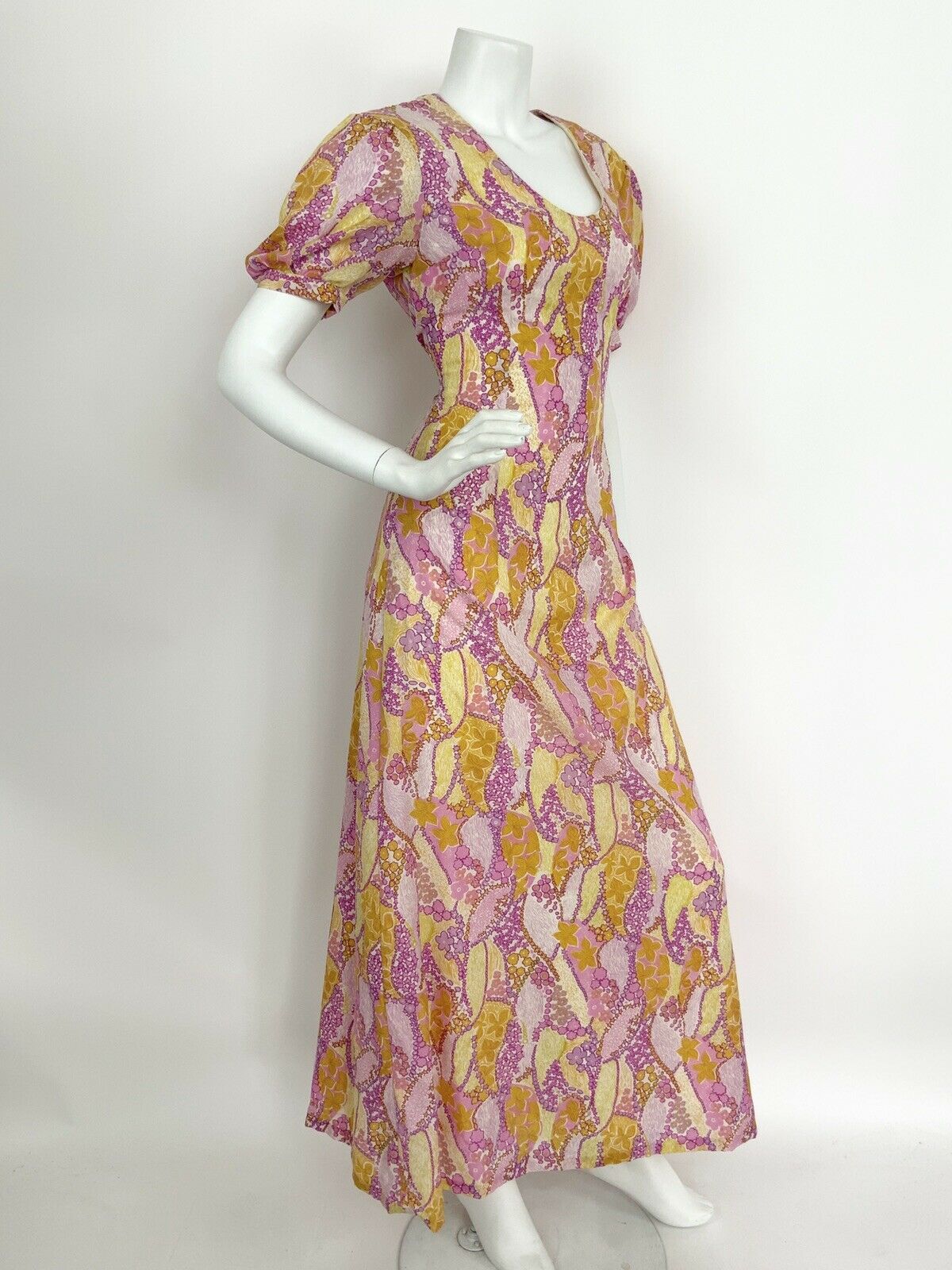 VTG PINK YELLOW PURPLE WHITE FLORAL STAR PSYCHEDELIC PUFF MAXI DRESS 10