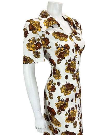 VINTAGE 60S 70S WHITE BROWN MUSTARD FLORAL AUTUMNAL MINI DRESS 14 16