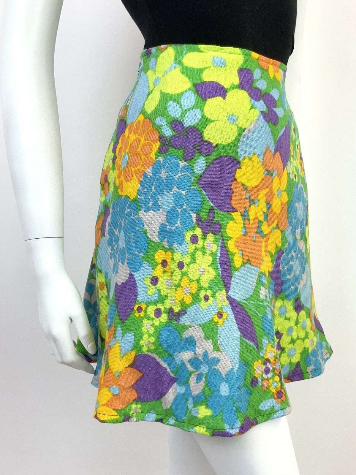 VINTAGE 60s 70s GREEN BLUE PURPLE YELLOW FLORAL PSYCHEDELIC MOD SKIRT 6 8