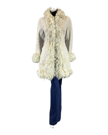 VINTAGE 60s 70s WHITE YELLOW BOHO PENNY LANE EMBROIDERED SHEARLING COAT 10