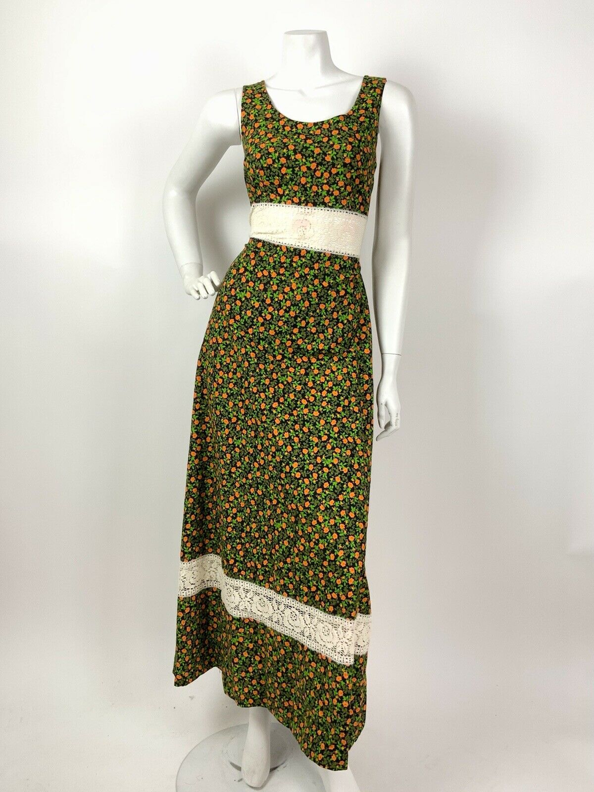 VTG 60s 70s GREEN ORANGE BLACK FLORAL DITSY LACE BOHO PRAIRIE MAXI DRESS 8 10