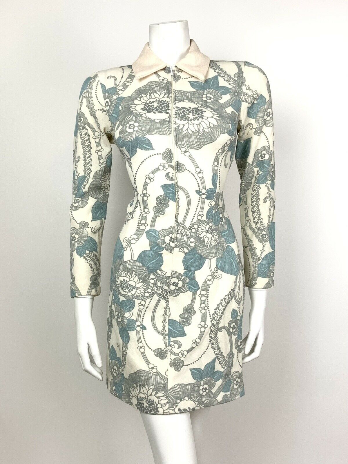 VTG MOD 60s 70s WHITE BLUE GREY FLORAL PSYCH ZIP-UP DAGGER DRESS 8 10