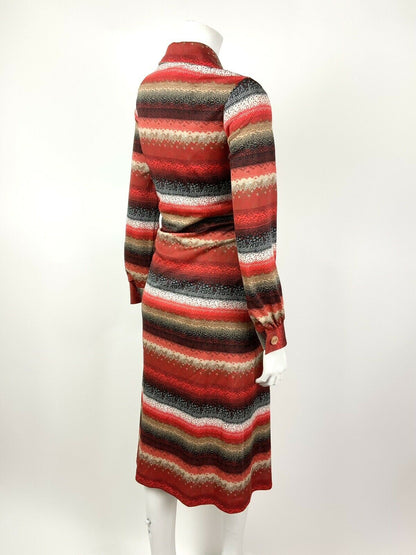 VTG 60s 70s RED BROWN WHITE BLACK STRIPED CHEVRON DOTTY DAGGER SHIRT DRESS 12 14