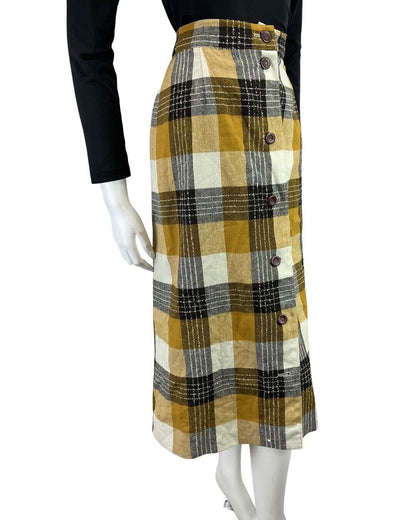 VINTAGE 60s 70s YELLOW BLACK WHITE CHECKED MOD WOOL KNEE-LENGTH SKIRT 12 14