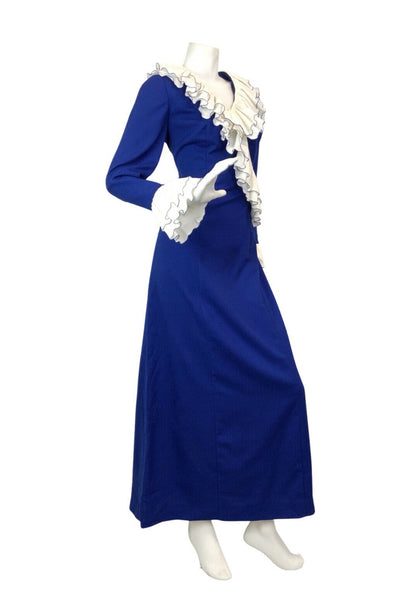 VINTAGE 60s 70s ROYAL BLUE WHITE RUFFLED MOD MAXI DRESS 10