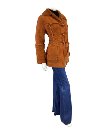 VINTAGE 60s 70s ORANGE RUST BROWN TOGGLE SHORT SHEEPSKIN SHEARLING COAT 10 12