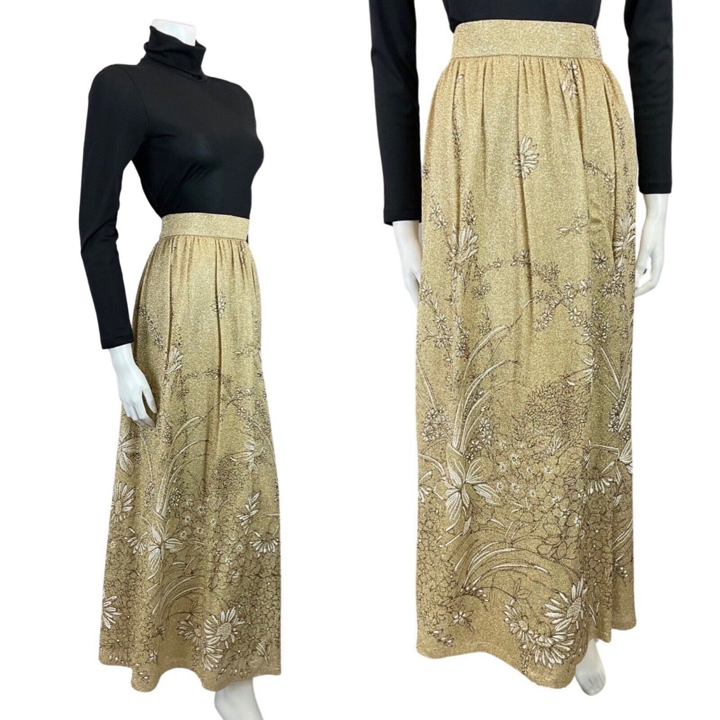 VINTAGE 60s 70s GOLD WHITE FLORAL LEAFY GLITTER LUREX DISCO PARTY MAXI SKIRT 10