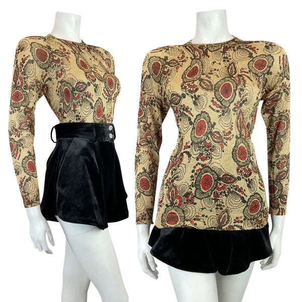 VINTAGE 60s 70s GOLD BLACK RED PSYCHEDELIC FLORAL LONGSLEEVE LUREX BLOUSE 10 12