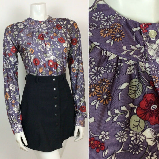 VINTAGE 70S PURPLE FLORAL COLLARLESS SHIRT SIZE 8 10