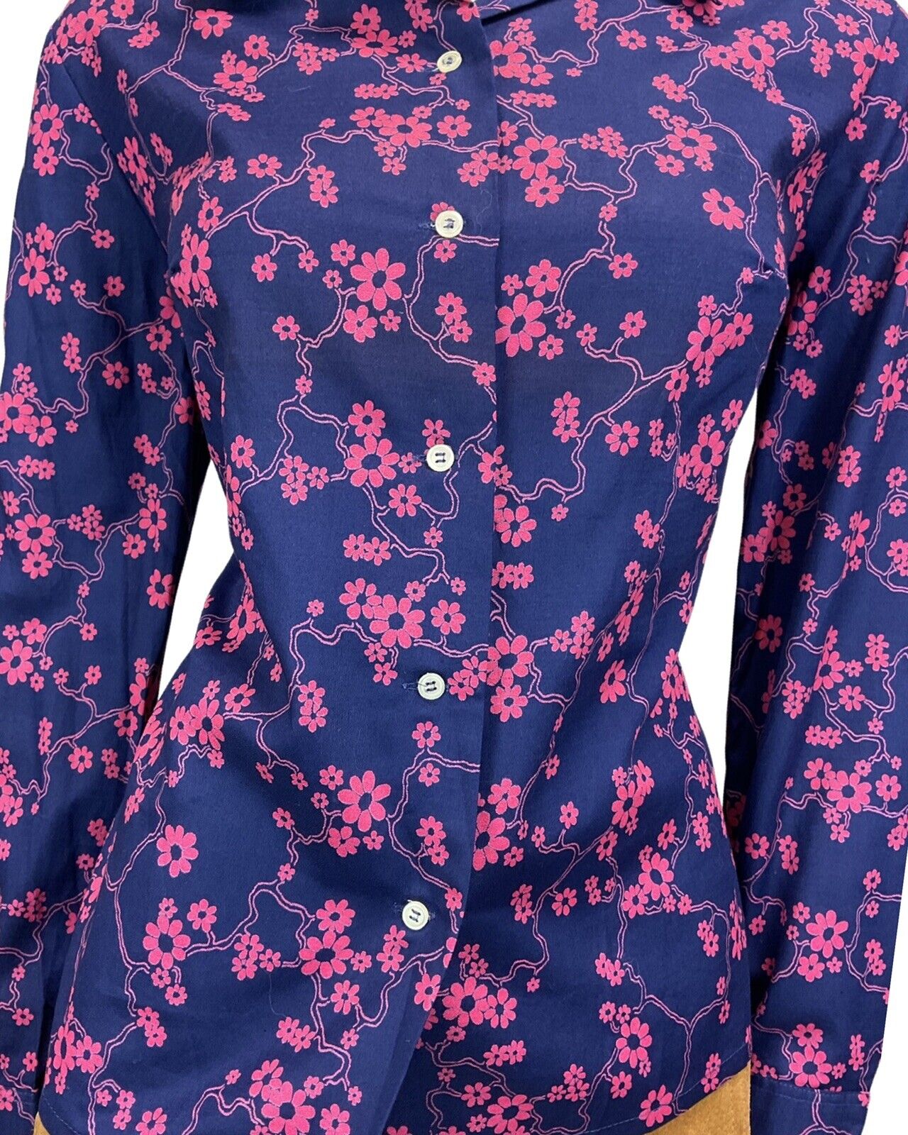 VINTAGE 60s 70s BLUE PINK FLORAL PRINT BOHO HIPPY MOD BLOUSE 16 18