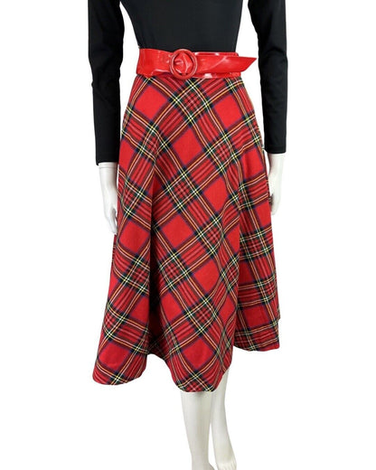 VINTAGE 60s 70s RED GREEN TARTAN CHECKED PVC BELTED MIDI SWING SKIRT 4