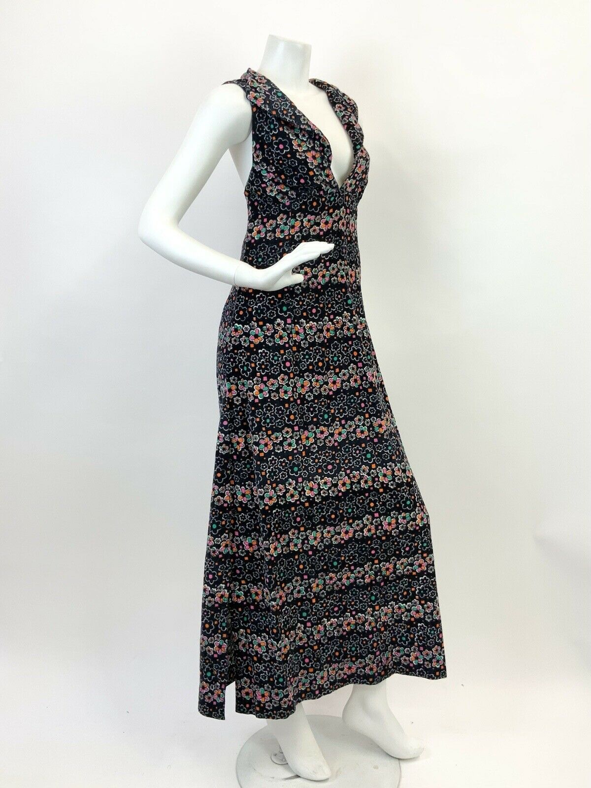 VTG 60s 70s BLACK PINK GREEN WHITE FLORAL DAISY CORDUROY PLUNGE MAXI DRESS 10 12