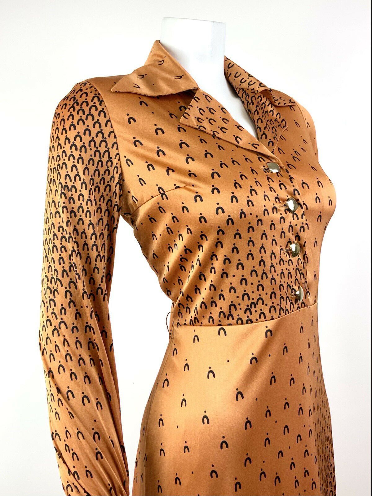 VINTAGE 60s 70s ORANGE BRONZE BLACK GEOMETRIC MOD DAGGER SHIRT DRESS 8 10