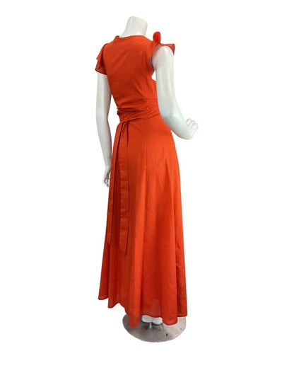 VINTAGE 60s 70s BRIGHT ORANGE BOHO MOD RUFFLED SLEEVELESS MAXI DRESS 8 10