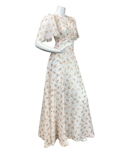 VINTAGE 60s 70s WHITE ORANGE BROWN FLORAL DITSY PRAIRIE BOHO MAXI DRESS 12 14