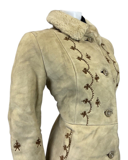 VINTAGE 60s 70s CREAM BROWN EMBROIDERED BOHO SUEDE SHORT SHEARLING COAT 8 10