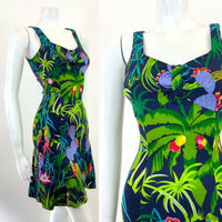 VINTAGE 60s 70s BLUE GREEN PINK PURPLE PALM TREE CACTUS PARROT JUNGLE DRESS 6 8