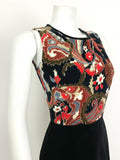 VTG 60s 70s BLACK RED BROWN BLUE FLORAL PAISLEY VELVET PARTY DRESS 6