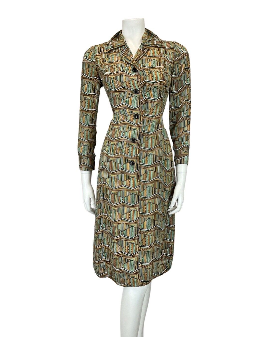 VINTAGE 60s 70s GREEN YELLOW BLACK STRIPED ZIG-ZAG GEOMETRIC SHIRT DRESS 10