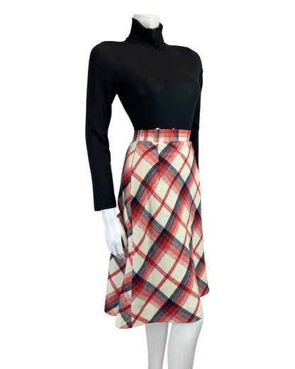 VINTAGE 60s 70s WHITE BLUE RED PLAID CHECKED WOOL KNEE-LENGTH SKIRT 8