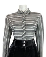 VINTAGE 60s 70s BLACK SILVER STRIPED MOD DAGGER COLLAR LUREX SHIRT 14 16