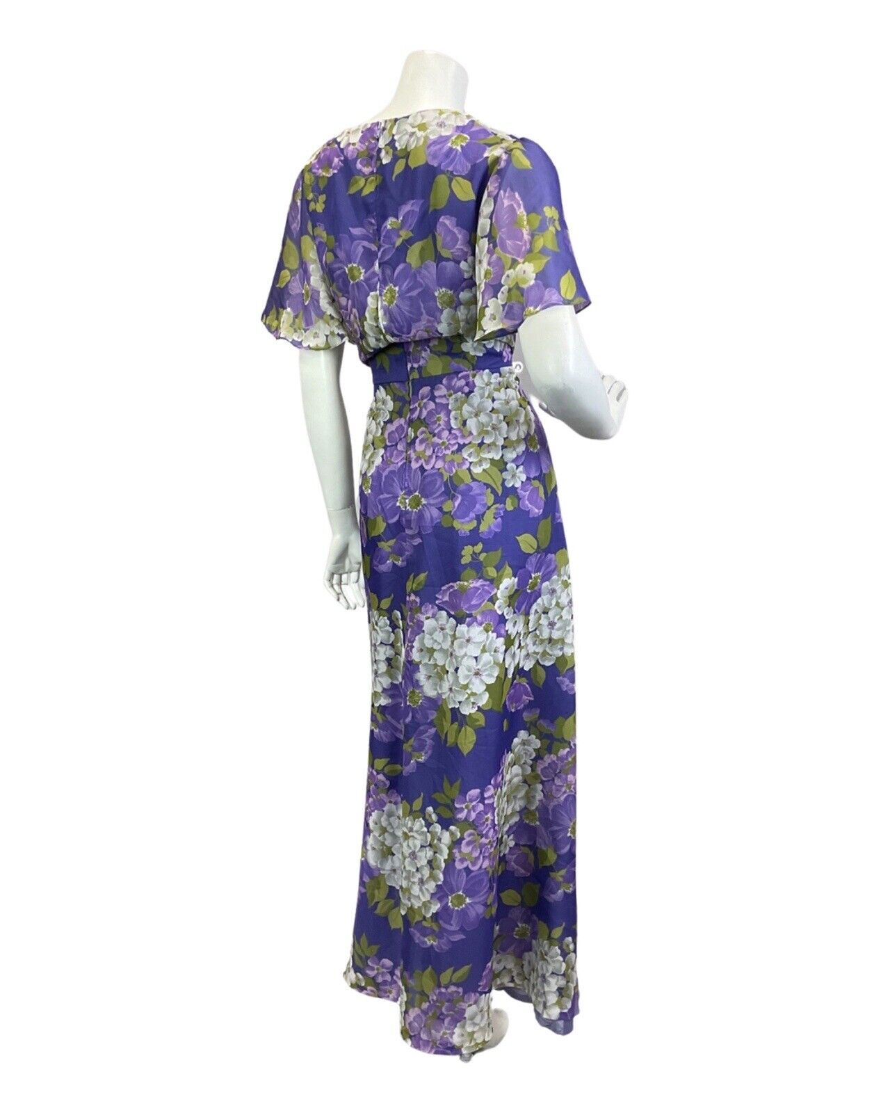 VINTAGE 60s 70s PURPLE WHITE GREEN FLORAL CAPE SLEEVE SUMMER MAXI DRESS 16 18