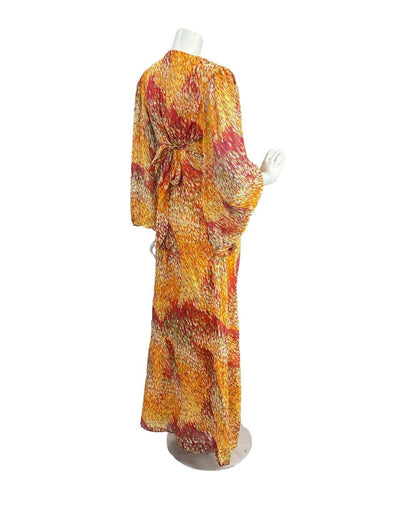 VINTAGE 60s 70s ORANGE GOLD RED PSYCHEDELIC DASH ANGEL SLEEVE MAXI DRESS 10