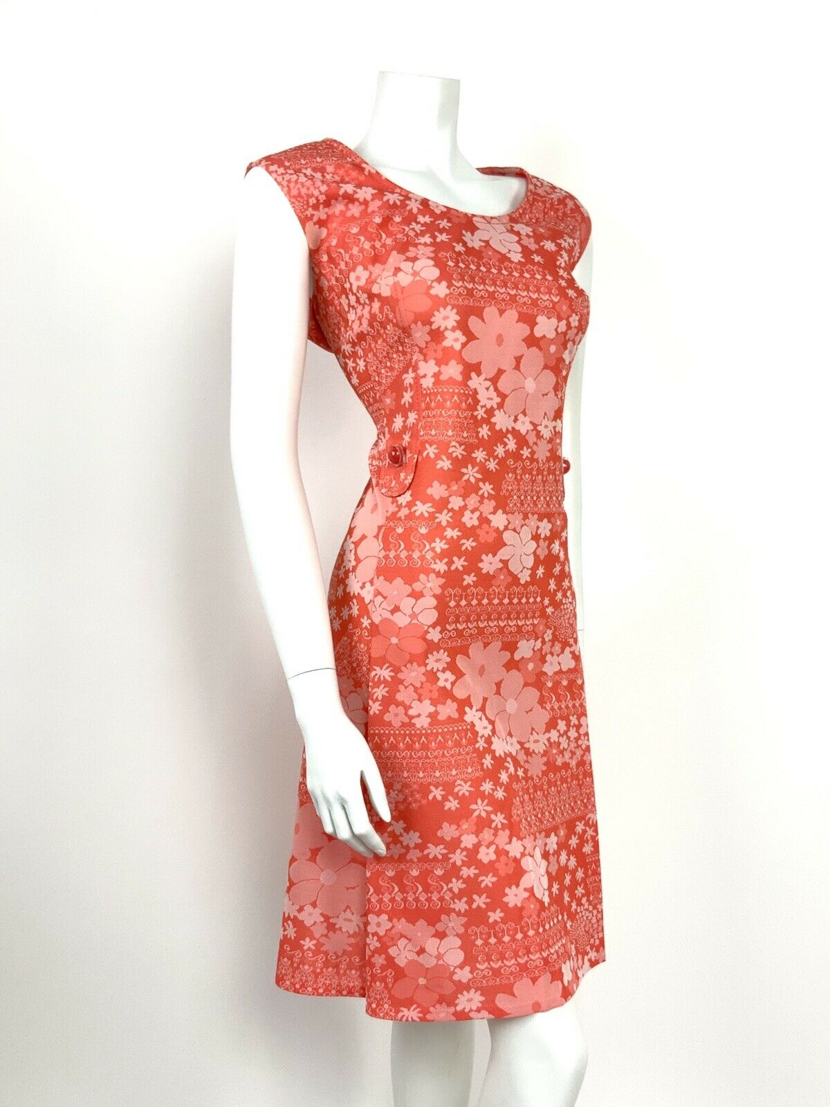 VTG 60s 70s ABSTRACT FLORAL CORAL ORANGE PINK WHITE A-LINE DRESS 16 18