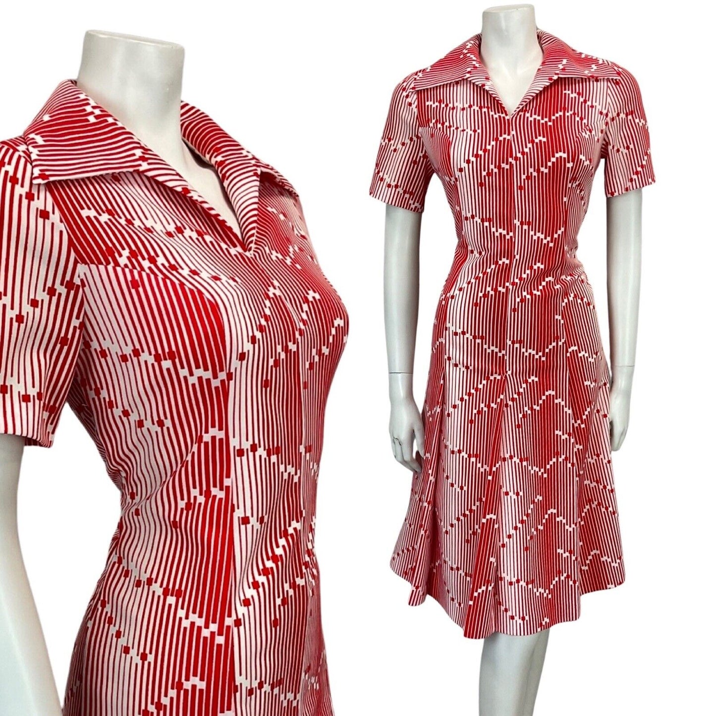 VTG 60s 70s WHITE RED STRIPED ABSTRACT PRINT DAGGAR COLLAR MIDI MOD DRESS 8 10