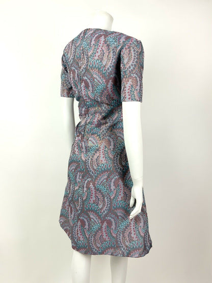 VINTAGE 60s 70s BLUE TURQUOISE PINK GOLD PSYCHEDELIC FLARED DRESS 12 14