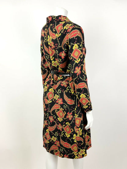 VTG 60s 70s BLACK RED YELLOW ORANGE AZTEC FLORAL BELTED WING COLLAR DRESS 12 14