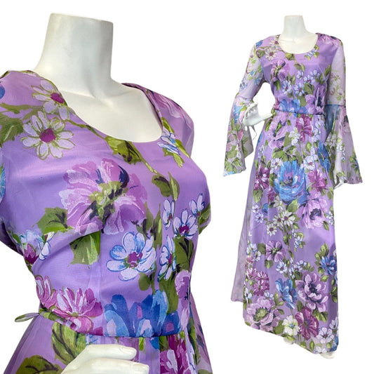 VINTAGE 60s 70s LILAC BLUE GREEN FLORAL SHEER FLOUNCE SLEEVE BOHO MAXI DRESS 12