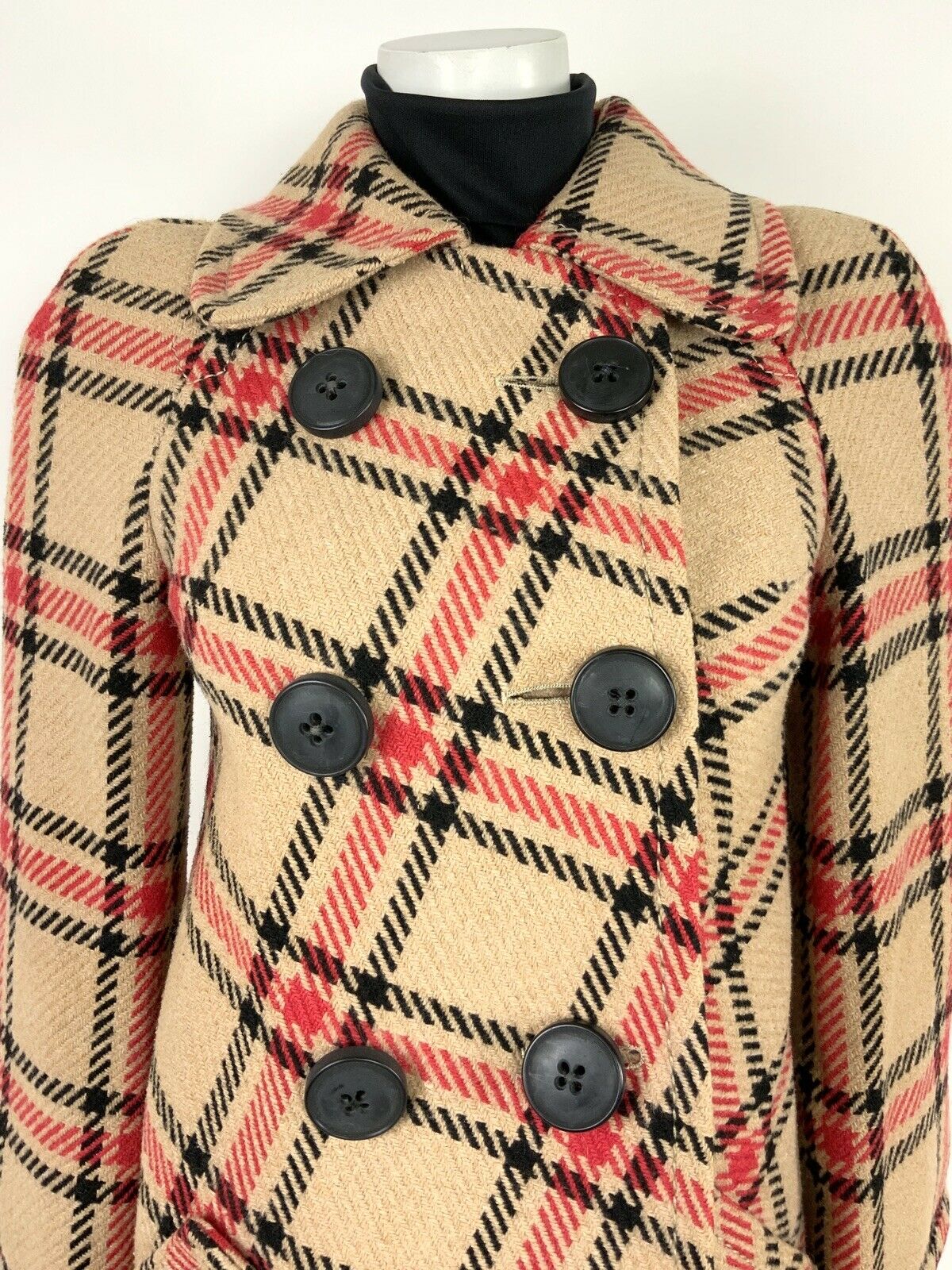 VINTAGE 60s 70s BEIGE BLACK RED PLAID CHECKERED SWING COAT 8 10