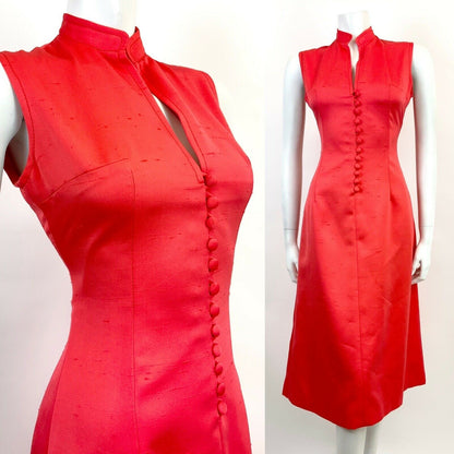 VINTAGE 60s 70s BRIGHT RED ELEGANT MANDARIN COLLAR STUDIO 54 MIDI DRESS 8 10