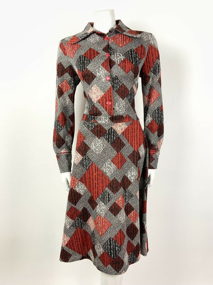 VTG 60s 70s BLACK WHITE RED GEOMETRIC STRIPED DOG EAG COLLAR SHIRT DRESS 14 16