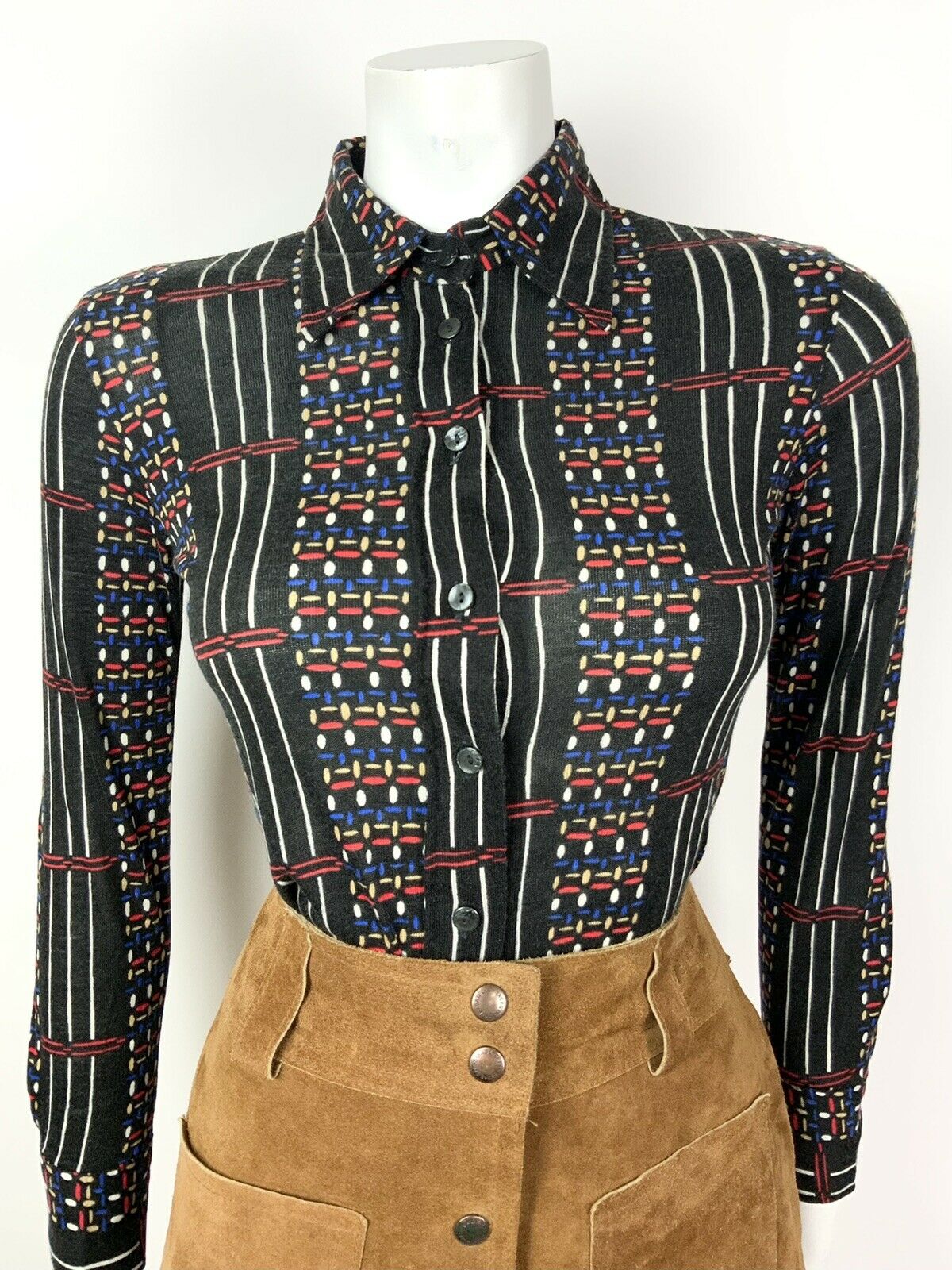 VINTAGE 60s 70s DARK BLUE RED WHITE GEOMETRIC STRIPE FLORAL DAGGER SHIRT 10 12