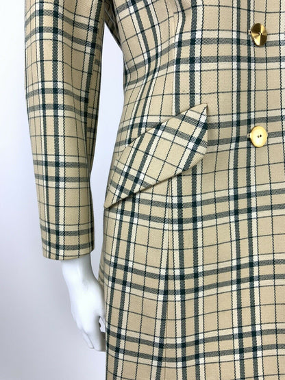 VINTAGE 60s 70s GREEN WHITE BEIGE GOLD PLAID TARTAN LUCIE LINDEN COAT 10 12 14