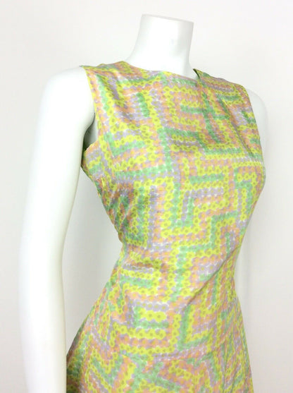 VINTAGE 60s 70s ABSTRACT FLORAL GREEN PINK PURPLE PSYCHEDELIC ACID DRESS 10 12