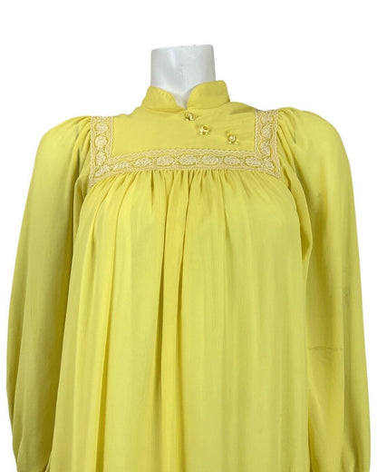 VINTAGE 70s PASTEL YELLOW LACE BOHO PRAIRIE EMPIRE LINE FLARED MIDI DRESS 8