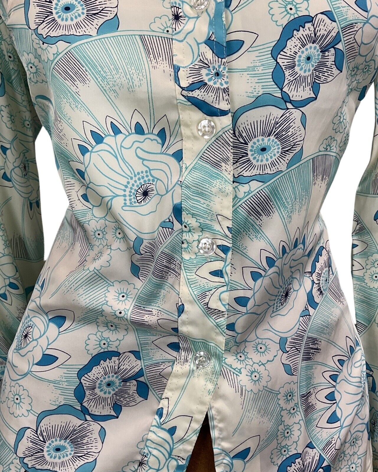 VINTAGE 60s 70s WHITE BLUE FLORAL PSYCHEDELIC BOHO HIPPY MOD SHIRT 14