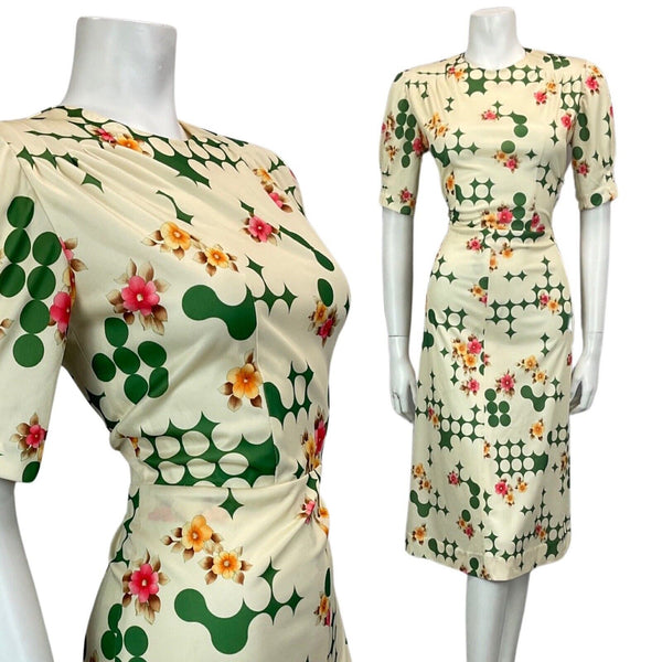VTG 60s 70s CREAM GREEN PINK FLORAL PSYCHEDELIC MOD MIDI DRESS 12