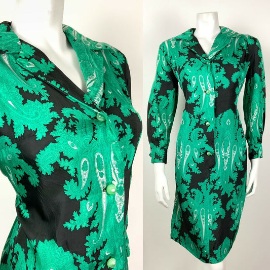 VINTAGE 60s 70s BLACK GREEN WHITE FLORAL PAISLEY PSYCHEDELIC SHIRT DRESS 10 12