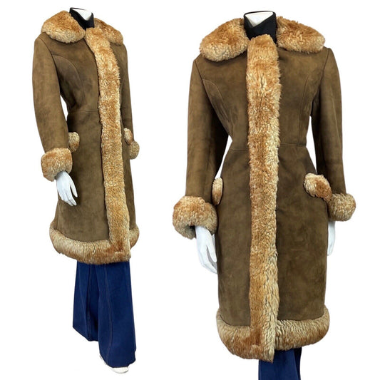 VINTAGE 60s 70s BROWN CREAM SUEDE BOHO PENNY LANE SHEARLING PRINCESS COAT 12 14