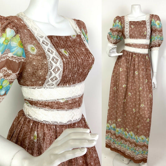 VTG 60s 70s BROWN WHITE BLUE FLORAL DOTTY LACE BOHO FOLK PRAIRIE MAXI DRESS 8