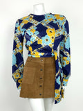 VTG 60s 70s BLUE YELLOW WHITE GLITTER GEOMETRIC FLORAL PSYCH BLOUSE 10 12 14