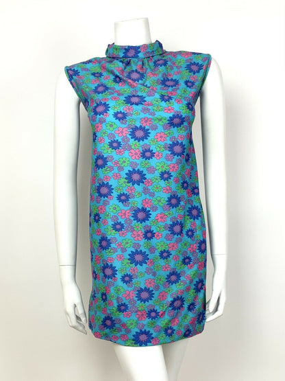 VTG 60s 70s BLUE PINK GREEN PURPLE FLORAL PSYCHEDELIC SWING TENT DRESS 10