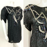 VINTAGE 70s 80s BLACK SILVER HOLOGRAPHIC SEQUINNED DISCO PARTY TOP BLOUSE 12 14