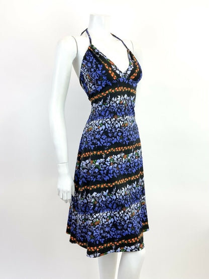 VINTAGE 60s 70s BLACK BLUE ORANGE WHITE FLORAL PSYCHEDELIC HALTER MINI DRESS 10